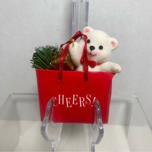 Vintage Avon holiday friend flock Teddy in bag, Christmas ornament NIB